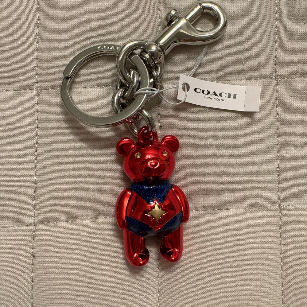 Coach Red and Blue Superhero Bear Keychain
